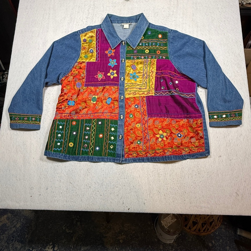 Venezia Vitale Womens 2X Denim Patchwork Mirror Embroidered Jacket Boho Art